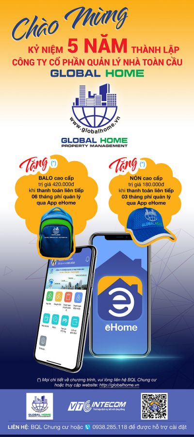 CHÀO MỪNG KỶ NIỆM 05 NĂM THÀNH LẬP CÔNG TY QUẢN LÝ GLOBAL HOME-CHƯƠNG TRÌNH KHUYẾN MÃI  “THANH TOÁN ONLINE - NHẬN NGAY QUÀ TẶNG”