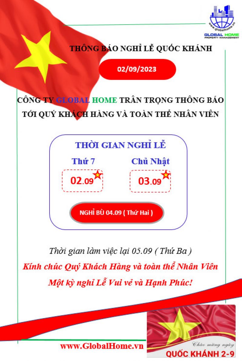 THÔNG BÁO LỊCH NGHỈ LỄ QUỐC KHÁNH 02/09